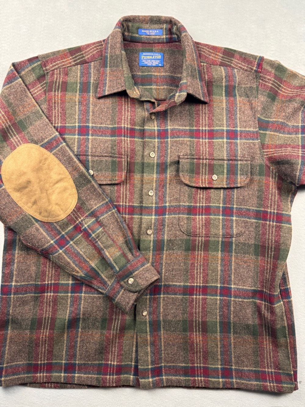 Pendleton Button Shirt Men's XL Red Plaid Wool Flannel Elbow Patches Heavyweight - Picture 4 of 9